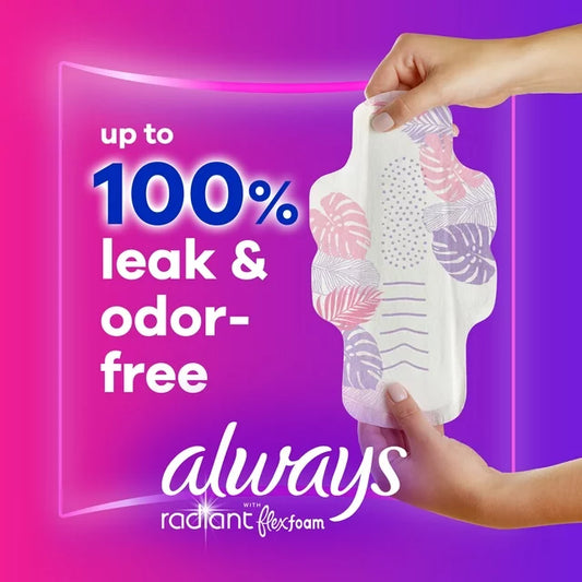 Always Radiant Feminine Pads with Wings, Size 1, Regular Absorbency, Scented, 42 CT